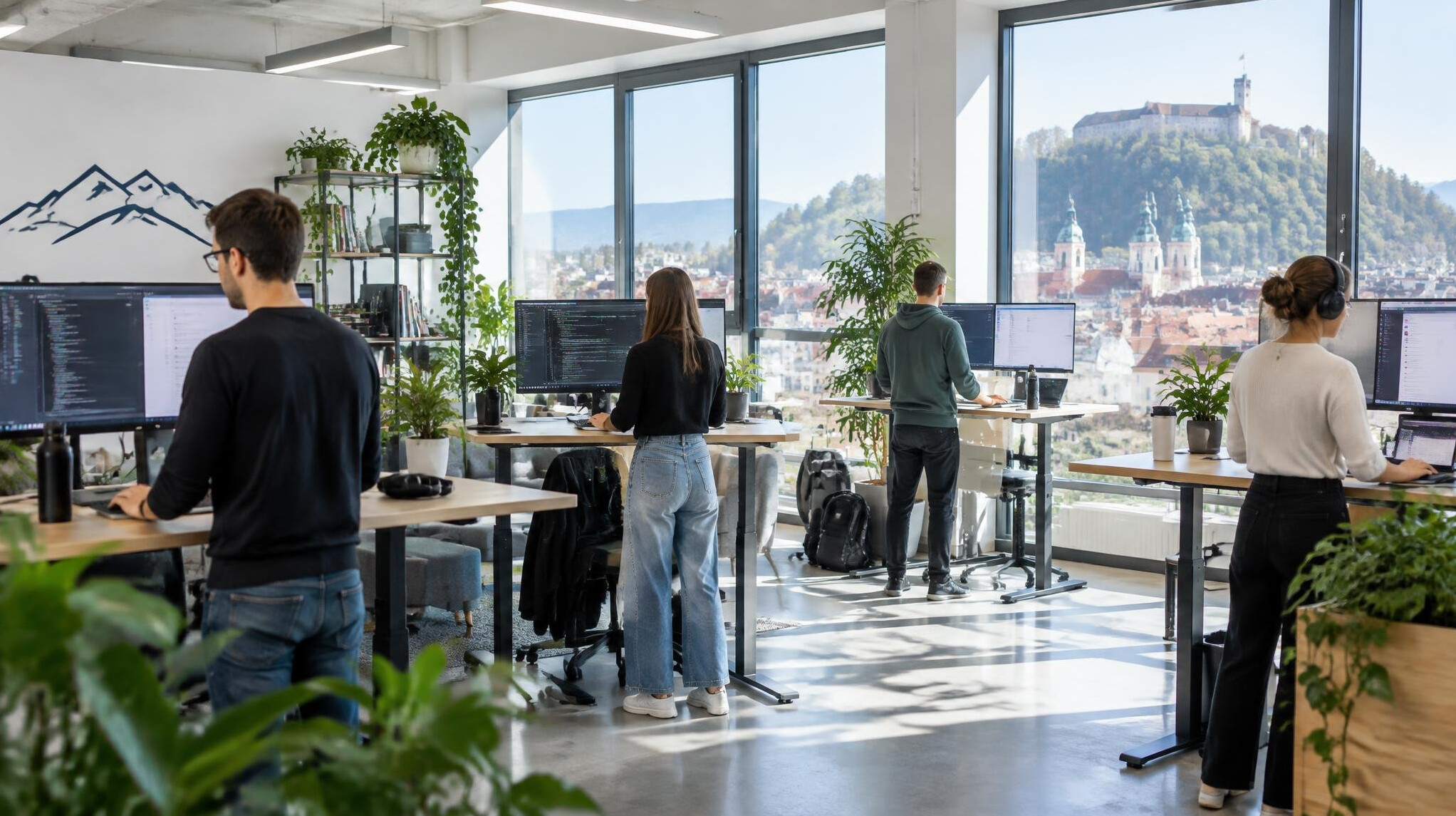 Corporate development team working in an open office