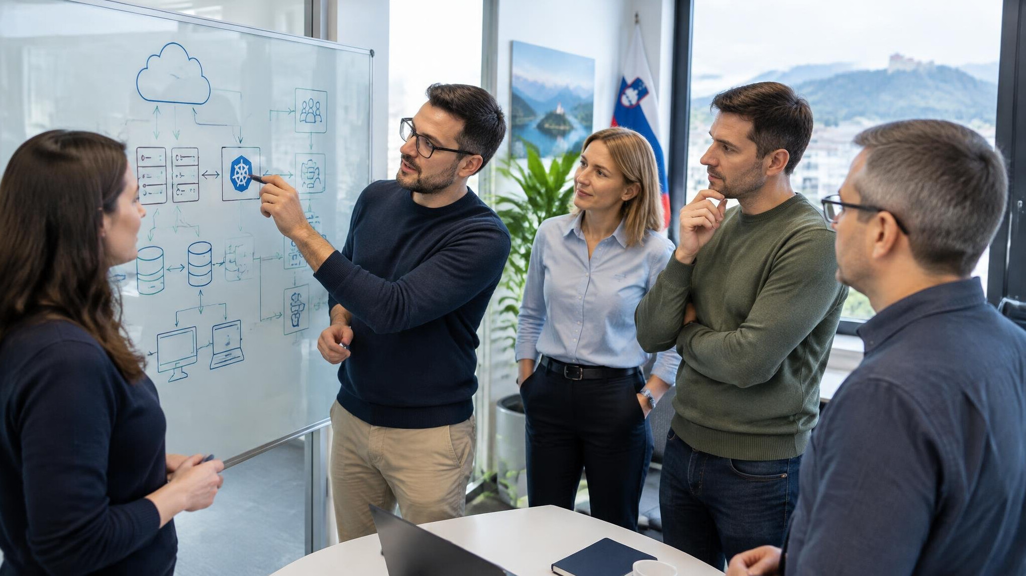Corporate IT team discussing a software project around a whiteboard
