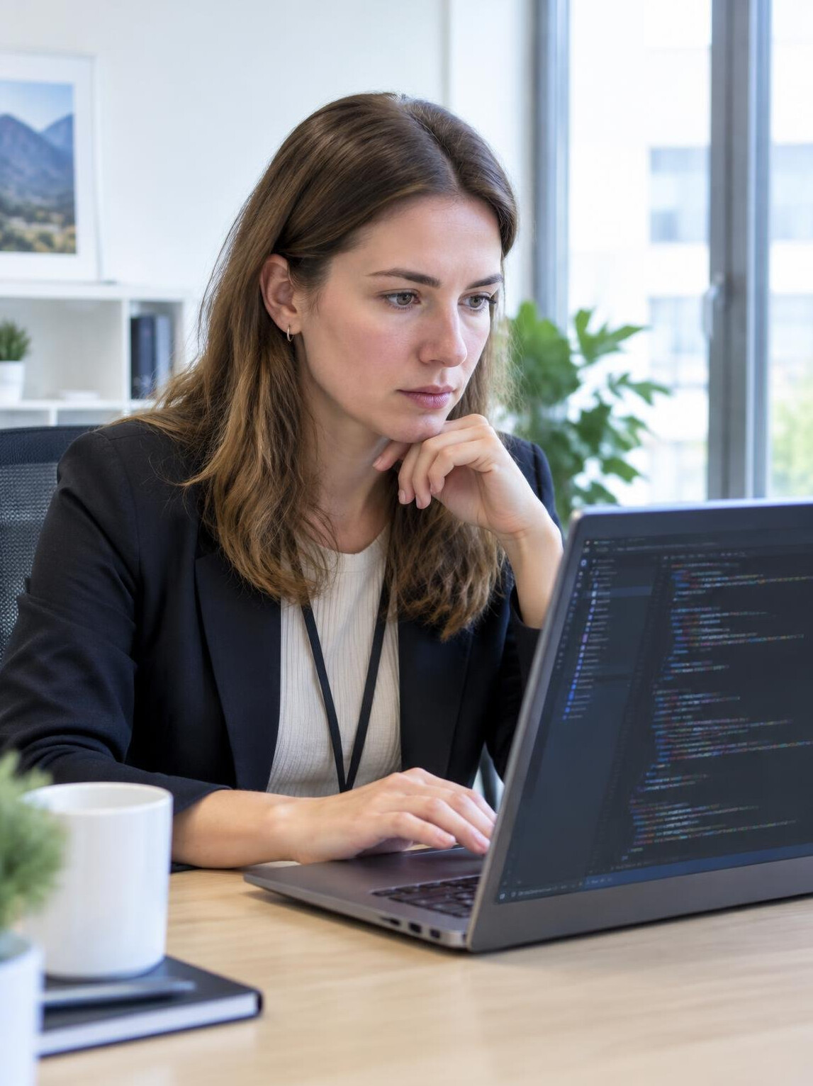 Female software engineer reviewing code on a laptop