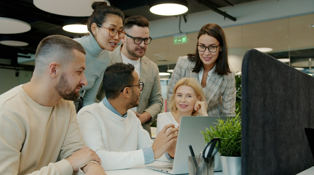 business team discussing software