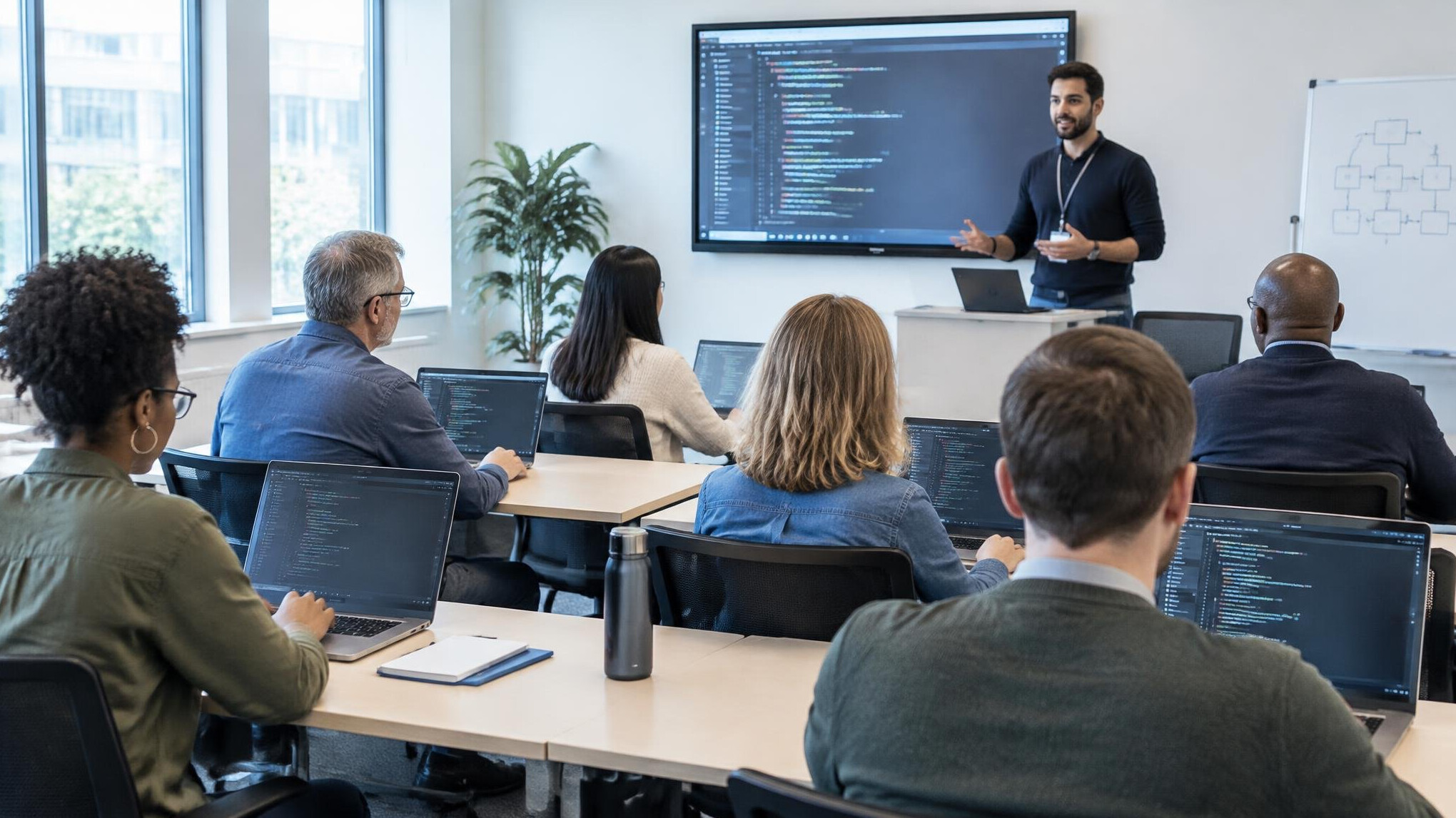 Employees attending a corporate coding workshop