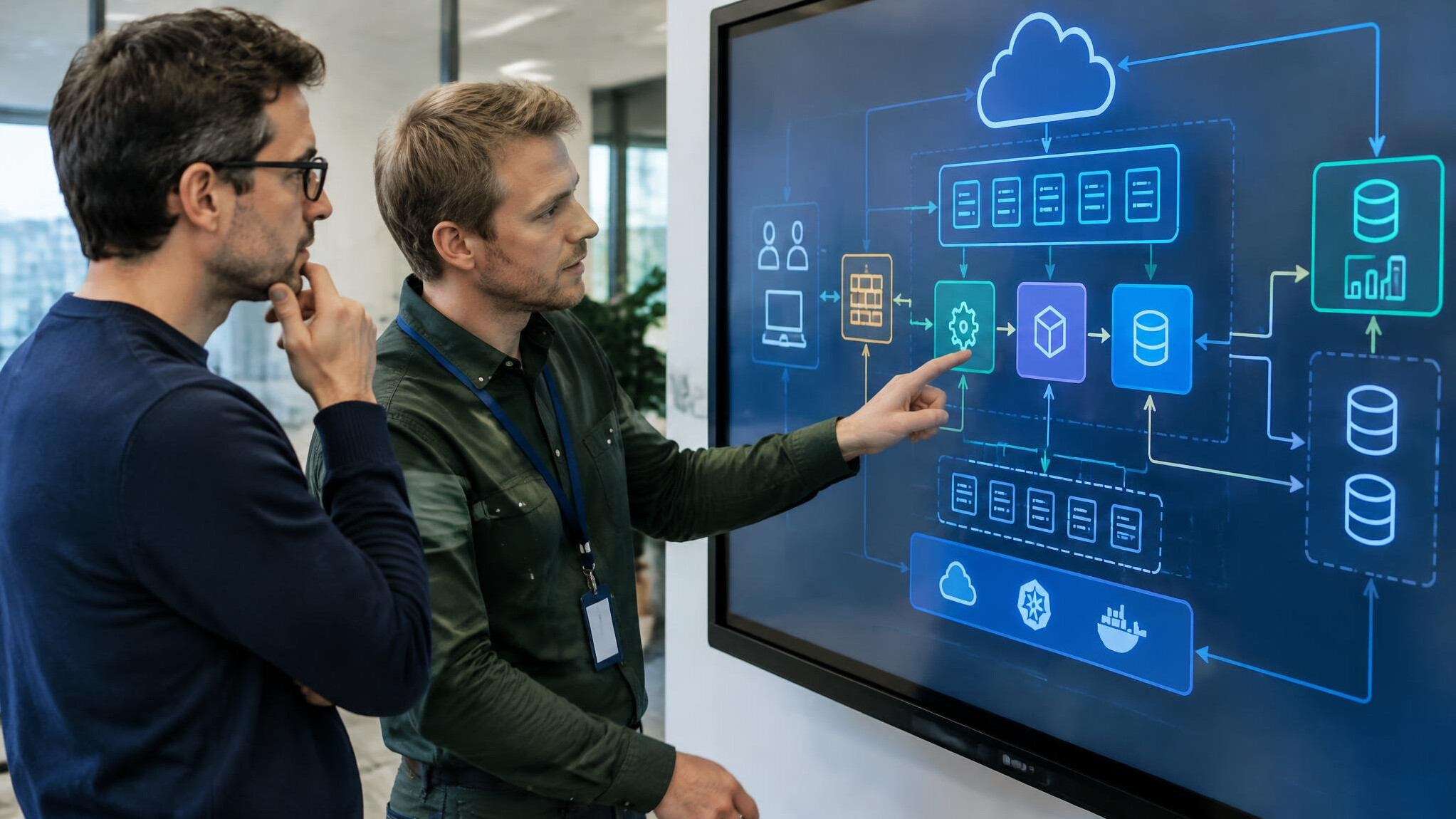 IT specialists connecting enterprise system diagrams on a screen