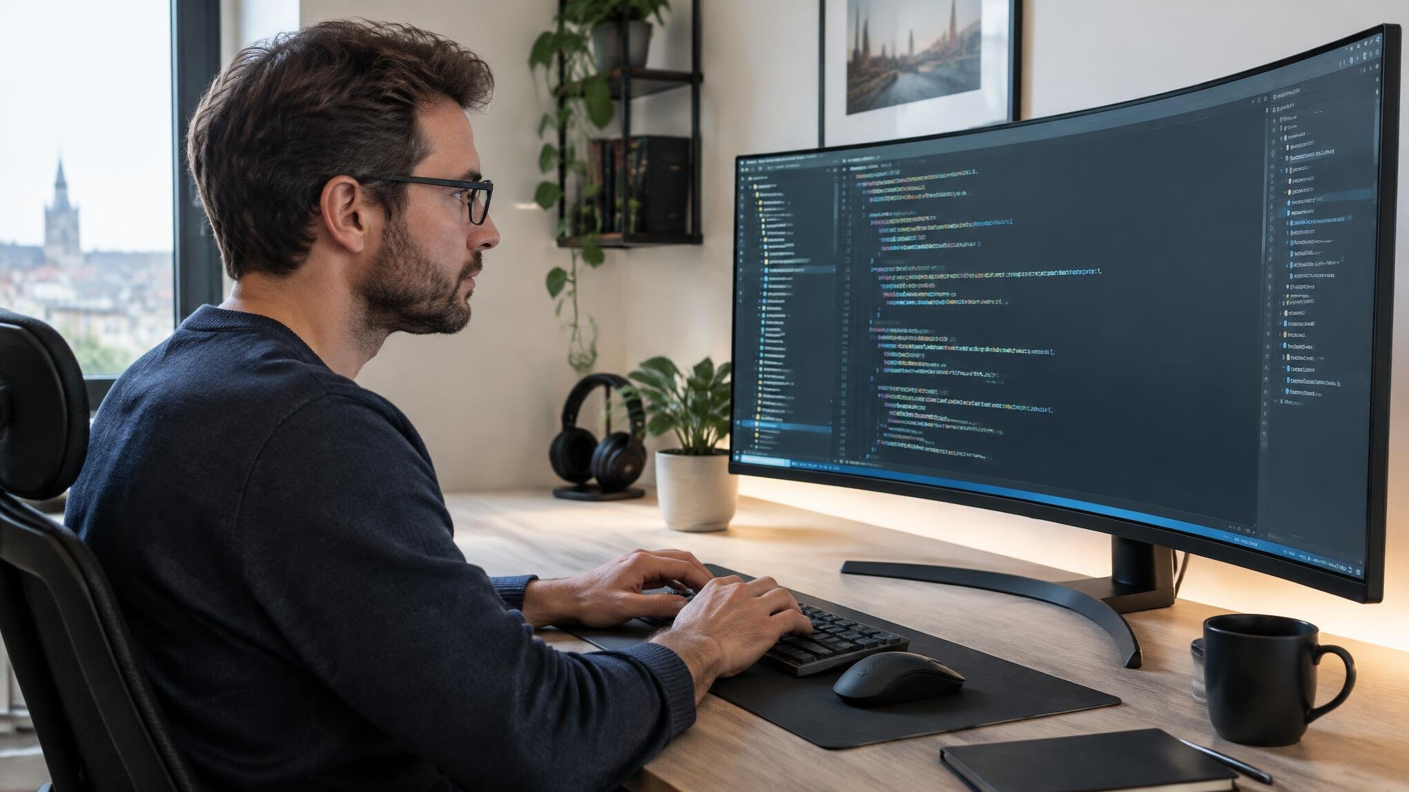 Developer writing custom backend code on a large monitor