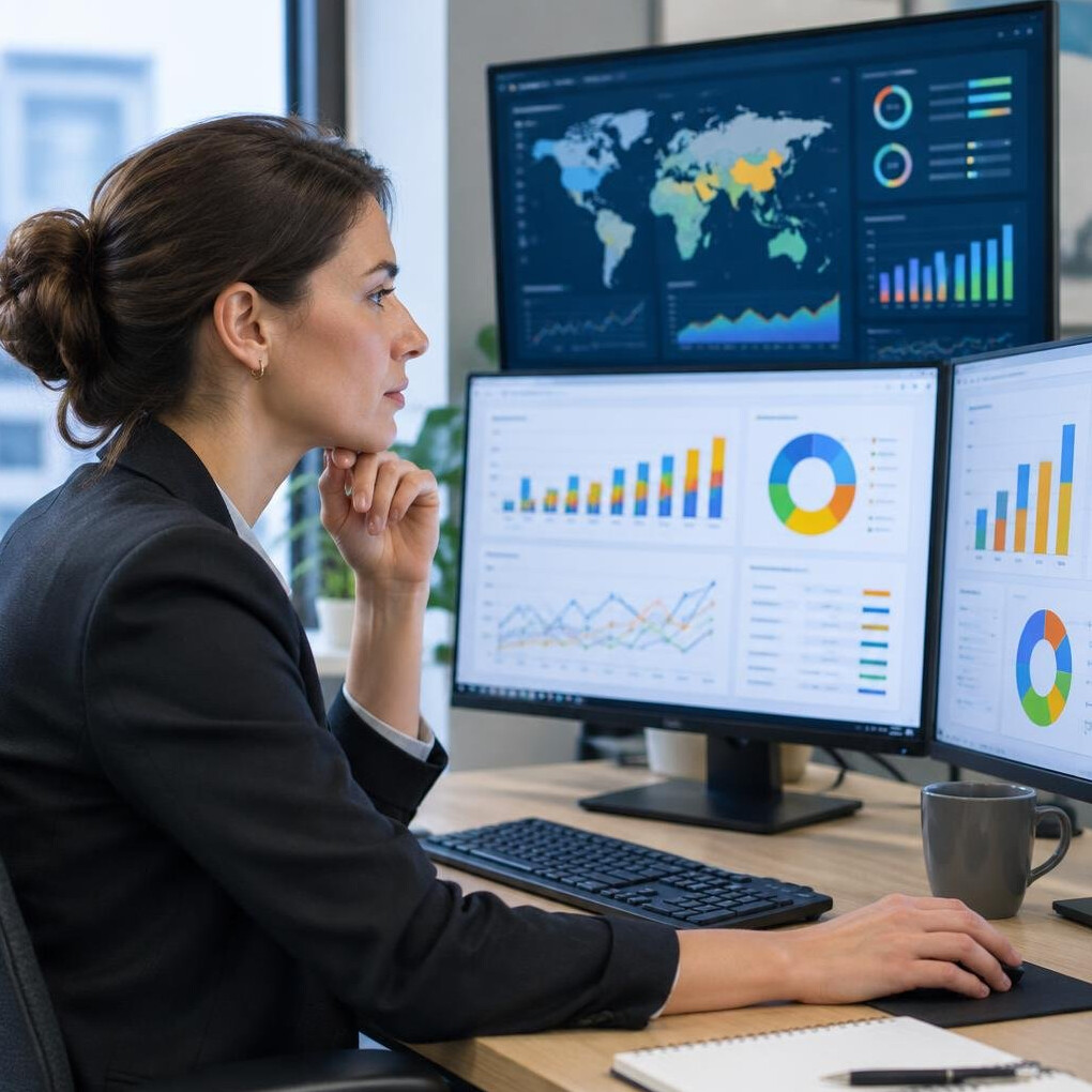 Business analyst reviewing dashboards on multiple monitors